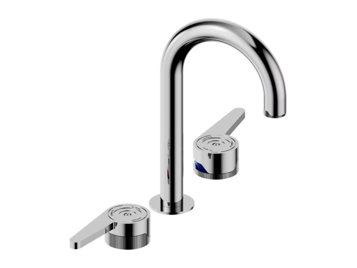 На фото Смеситель для раковины THG Zoom.12 на 3 отверстия, с высоким изливом, с донным клапаном, цвет Polished chrome На изображении товар Смеситель для раковины THG Zoom.12 на 3 отверстия, с высоким изливом, с донным клапаном, цвет Polished chrome от официального представителя в Москве