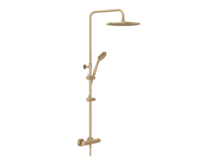 На изображении товар Душевая система Gessi Minimalistic Shower, настенный термостат, стойка с верхним душем Ø300 мм, автоматический переключатель, шланг, ручная лейка, цвет Warm Bronze Brushed PVD от официального представителя в Москве