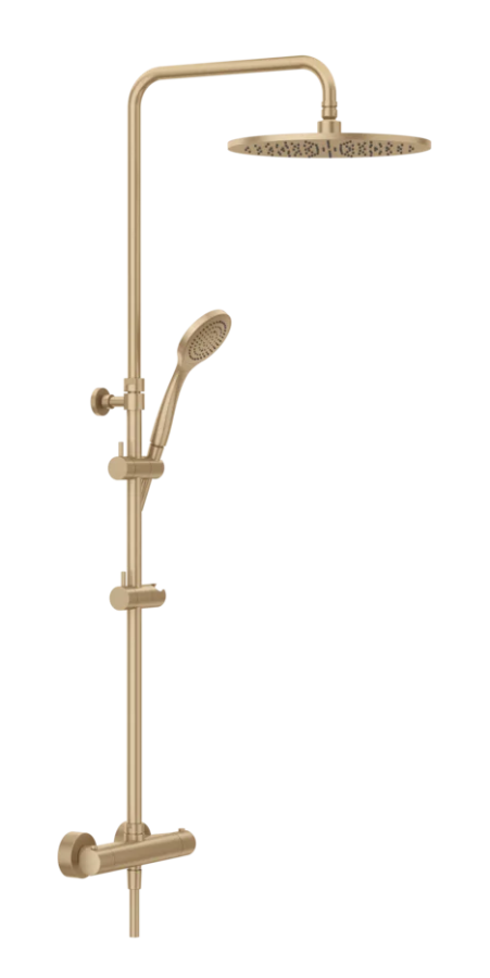 Душевая система Gessi Minimalistic Shower, настенный термостат, стойка с верхним душем Ø300 мм, автоматический переключатель, шланг, ручная лейка, цвет Warm Bronze Brushed PVD