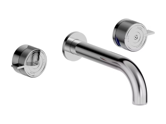 На изображении товар Смеситель для раковины THG Zoom.7, на 3 отверстия, встраиваемый в стену, с трубчатым изливом, внешняя часть, цвет Polished chrome от официального представителя в Москве