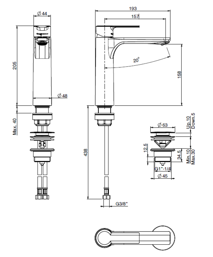 Смеситель для раковины Carlo Frattini Mast, средний h205 мм, с донным клапаном Click-Clack 1/4, цвет брашированный никель - изображение 3