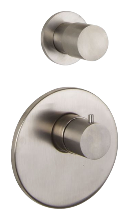 Термостат для душа Carlo Frattini Spillo Steel, с 1 запорным вентилем, ручками с защитой от обжигания, горизонтальная/вертикальная установка, внешняя часть, цвет нержавеющая сталь