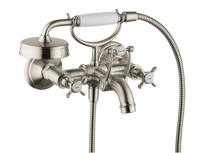 На изображении товар Смеситель для ванны внешнего монтажа AXOR Montreux c двумя крестообразными рукоятками, цвет никель шлифованный от официального представителя в Москве