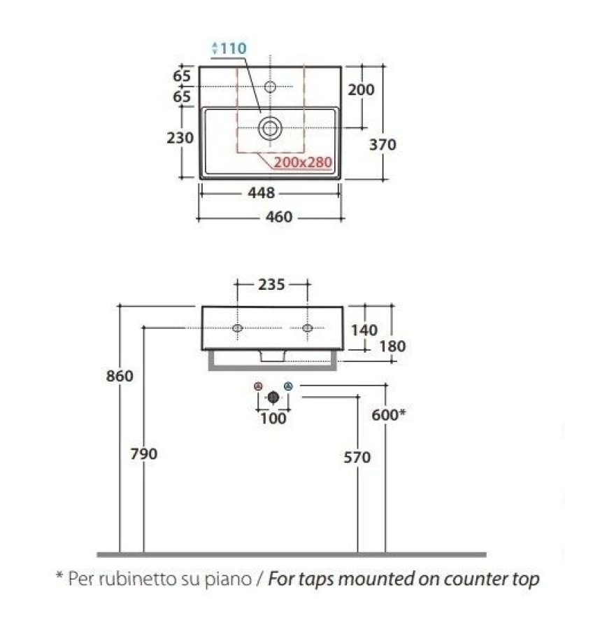 Раковина Globo T-Edge 460x370 мм, подвесная либо накладная, 1 отверстие для смесителя, цвет белый - изображение 2
