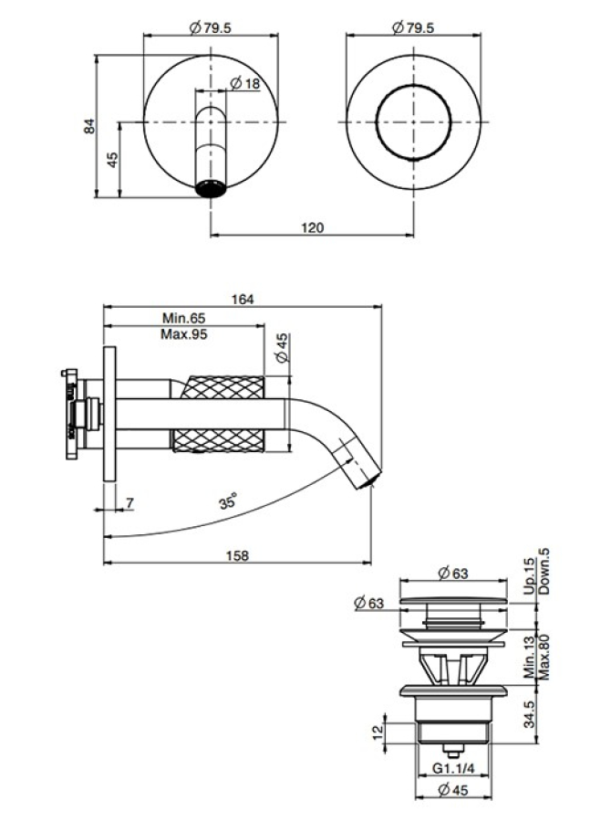 Смеситель для раковины Carlo Frattini Spillo Tech, ручка V Collection, настенный, с донным клапаном Click-Clack, излив 160 мм, внешняя часть, цвет хром - изображение 3