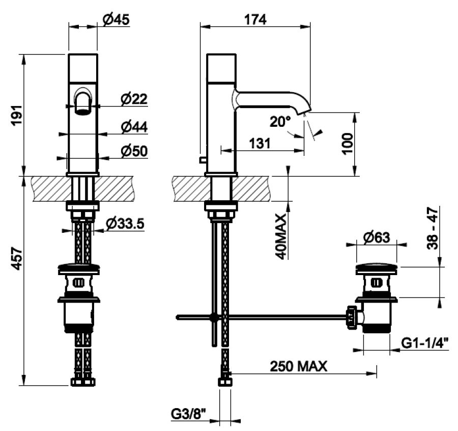 Смеситель для раковины Gessi Habito Intreccio, h191 мм, на 1 отверстие, излив 131 мм, с донным клапаном, цвет Copper Brushed PVD - изображение 1