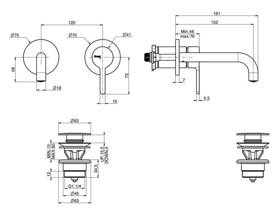 Смеситель для раковины Carlo Frattini Snap, настенный, однорычажный, с донным клапаном Click-Clack, излив 150 мм, внешняя часть, цвет чёрный матовый - изображение 3
