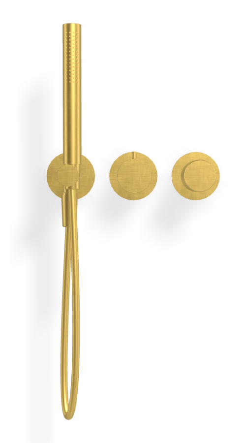 Смеситель для душа Carlo Frattini Spillo Tech, ручка G Collection, на 2 потребителя, с ручным душем, гибким шлангом хромалюкс 1500 мм, внешняя часть, цвет брашированное золото