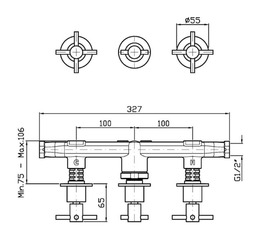 Смеситель для ванны/душа Zucchetti Helm, настенный, на 3 отверстия. с 2-ходовым переключателем, внешняя часть, цвет матовая сталь - изображение 2