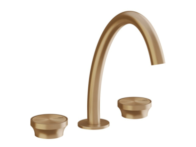 На изображении товар Смеситель для раковины Gessi Origini, средний на 3 отверстия, без донного клапана, в комплекте отделочная вставка, цвет Warm Bronze Brushed PVD от официального представителя в Москве