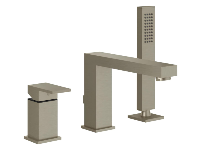 На изображении товар Смеситель для ванны Gessi Rettangolo, на 3 отверстия с переключателем, выдвижным ручным душем, шлангом, цвет Finox Brushed Nickel от официального представителя в Москве
