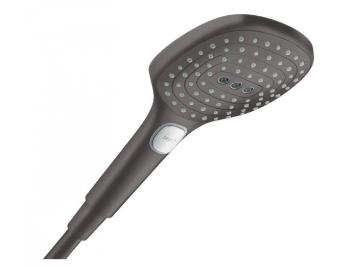 На изображении товар Ручной душ Hansgrohe Raindance Select 120 Air 3jet, лейка, 3 типа струи, цвет Черный хром шлифованный от официального представителя в Москве