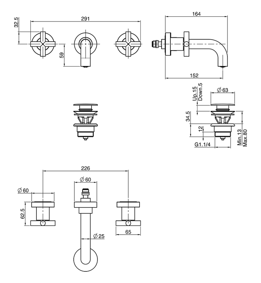 Смеситель для раковины Carlo Frattini Maxima, на 3 отверстия настенный, донный клапан Click-Clack с переливом, внешняя часть, цвет чёрный матовый - изображение 4