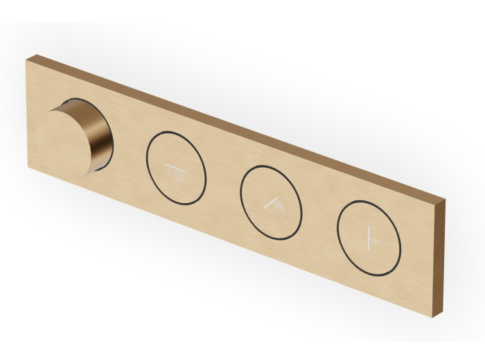 На изображении товар Термостат Zucchetti Hoop, для душа, встраиваемый, горизонтальный/вертикальный монтаж, на 3 потребителя, внешняя часть, цвет Brushed British Gold PVD от официального представителя в Москве