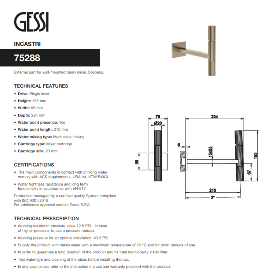 Смеситель для раковины Gessi INCASTRI 75288-726 (Настенный, Однорычажный) - изображение 5