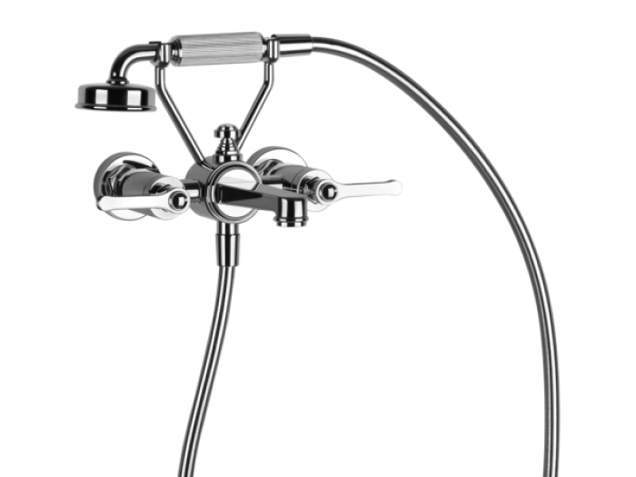 На изображении товар Смеситель для ванны Gessi Venti20, настенный, на 2 позиции, с переключателем ванна-душ, подводом воды и держателем лейки, цвет Chrome от официального представителя в Москве