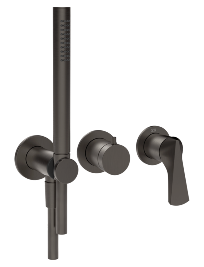 Смеситель для душа Gessi Ventaglio, встраиваемый, настенный, на 2 выхода, с ручным душем и переключателем, внешние части, цвет Black Metal Brushed PVD