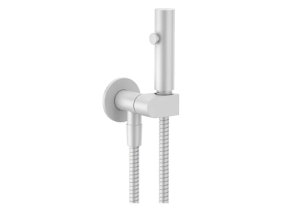 На изображении товар Гигиенический душ Gessi Tondo, с лейкой, шлангом, шланговым подсоединением и держателем лейки, с предохранительным клапаном, ширина 75 мм, цвет White CN от официального представителя в Москве