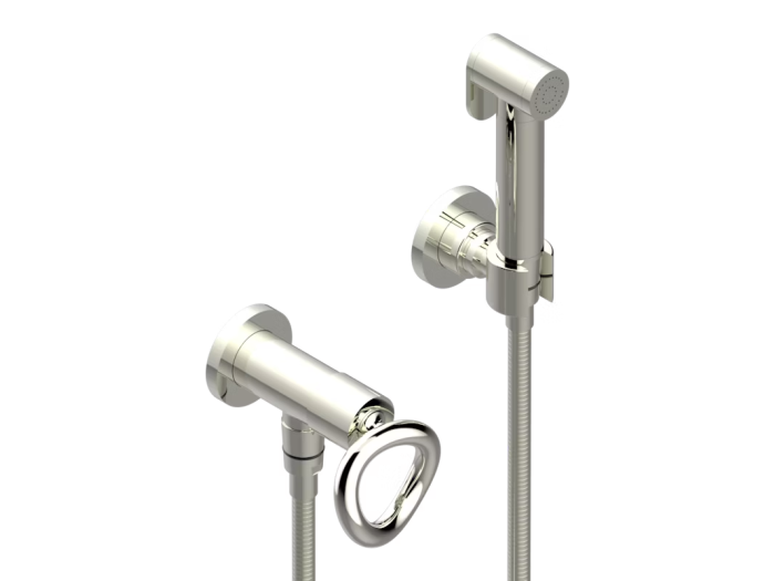 На изображении товар Гигиенический душ THG О, в комплекте клапан, пусковой распылитель, усиленный шланг (1,25 м) и крючок, цвет никель от официального представителя в Москве