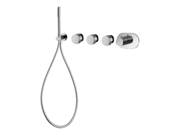 На изображении товар Термостат для ванны/душа Carlo Frattini SO, на 3 потребителя, без ручек, с ручным душем, гибким шлангом хромалюкс 1500 мм, внешняя часть, цвет белый матовый от официального представителя в Москве