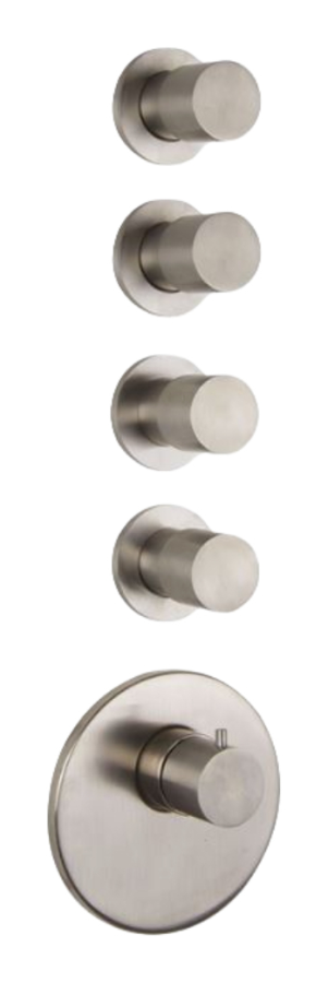 Термостат Carlo Frattini Spillo Steel, с 4 запорными вентилями, ручками с защитой от обжигания, горизонтальная/вертикальная установка, внешняя часть, цвет нержавеющая сталь