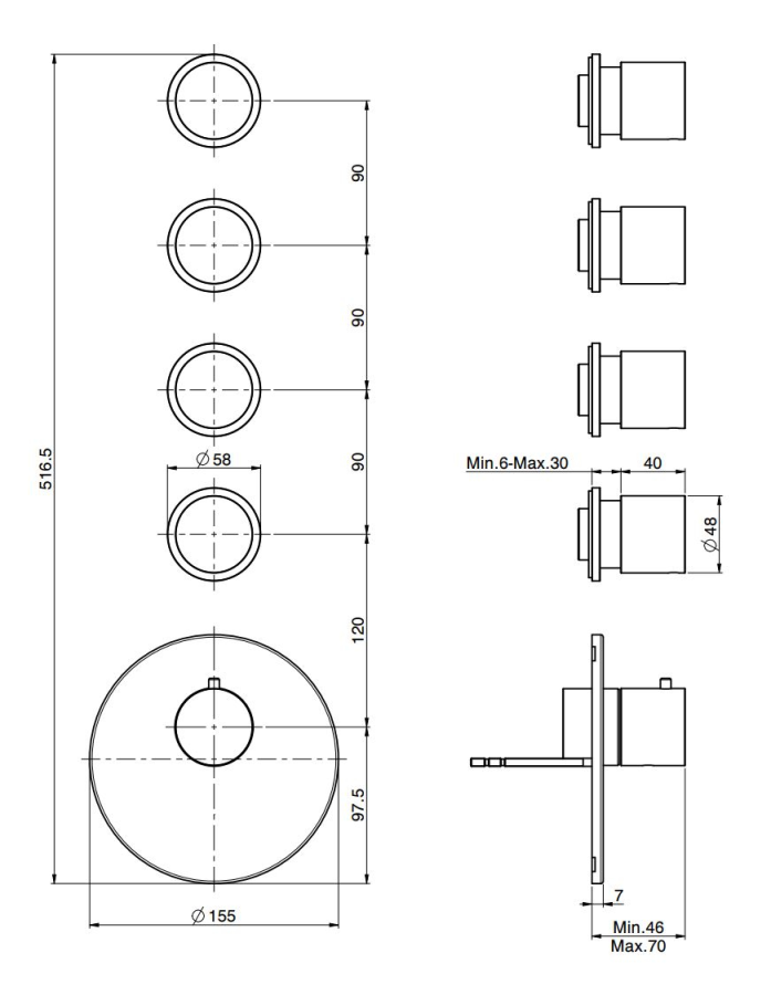 Термостат Carlo Frattini Spillo Steel, с 4 запорными вентилями, ручками с защитой от обжигания, горизонтальная/вертикальная установка, внешняя часть, цвет нержавеющая сталь - изображение 1