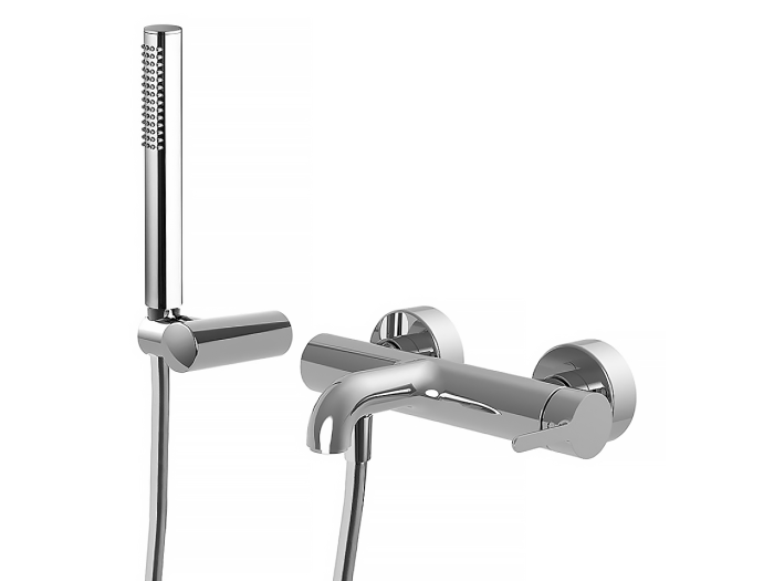 На изображении товар Душевой набор Carlo Frattini Snap: смеситель для ванны, внешнего монтажа, ручной душ с держателем, цвет хром от официального представителя в Москве