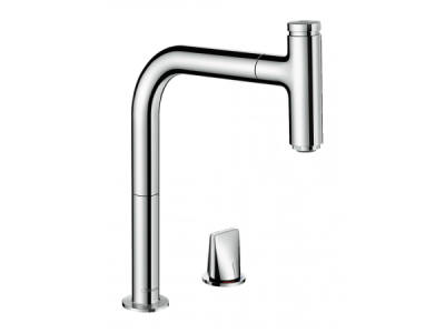 На изображении товар Смеситель для кухни Hansgrohe Metris Select M71, однорычажный, на 2 отверстия, с вытяжным изливом, цвет хром от официального представителя в Москве