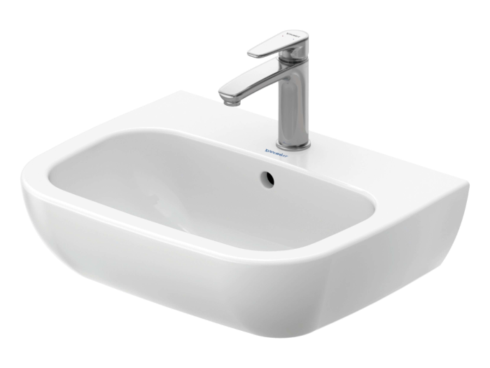 На изображении товар Раковина Duravit D-Code подвесная, 550х430 мм, с переливом, с 1 отверстием под смеситель, цвет белый от официального представителя в Москве