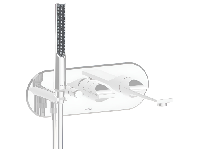 На изображении товар Смеситель для ванны Bossini Apice с кнопочным переключением на 2 выхода, излив 207 мм, ручной душ Slim на фиксированном держателе, шланг Cromolux 150 см, внешняя часть, опция арт. Z00546., цвет белый матовый от официального представителя в Москве