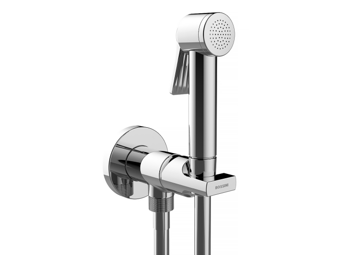 На изображении товар Гигиенический комплект Bossini Mono Paloma Flat Mixer Set : смеситель монокомандный, душ с кнопкой подачи воды, шланг Cromolux 1250 мм, цвет хром от официального представителя в Москве