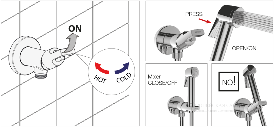 Гигиенический комплект Bossini Mono Paloma Flat Mixer Set : смеситель монокомандный, душ с кнопкой подачи воды, шланг Cromolux 1250 мм, цвет хром - изображение 2