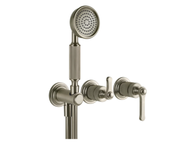 На изображении товар Смеситель Gessi Venti20, настенный, на 2 выхода с переключателем, выводом воды и держателем лейки, внешние части, цвет Finox Brushed Nickel от официального представителя в Москве