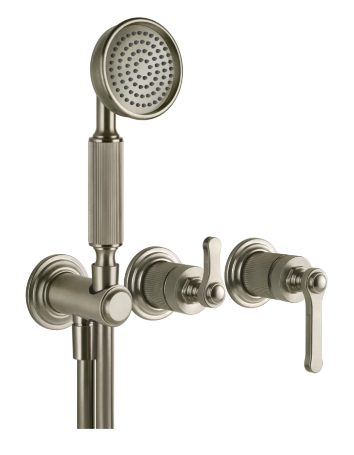 Смеситель Gessi Venti20, настенный, на 2 выхода с переключателем, выводом воды и держателем лейки, внешние части, цвет Finox Brushed Nickel