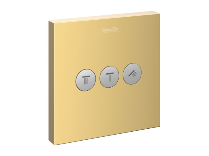На изображении товар Запорно-переключающий вентиль Hansgrohe ShowerSelect, внешняя часть, для 3-х потребителей, цвет Золото полированное от официального представителя в Москве