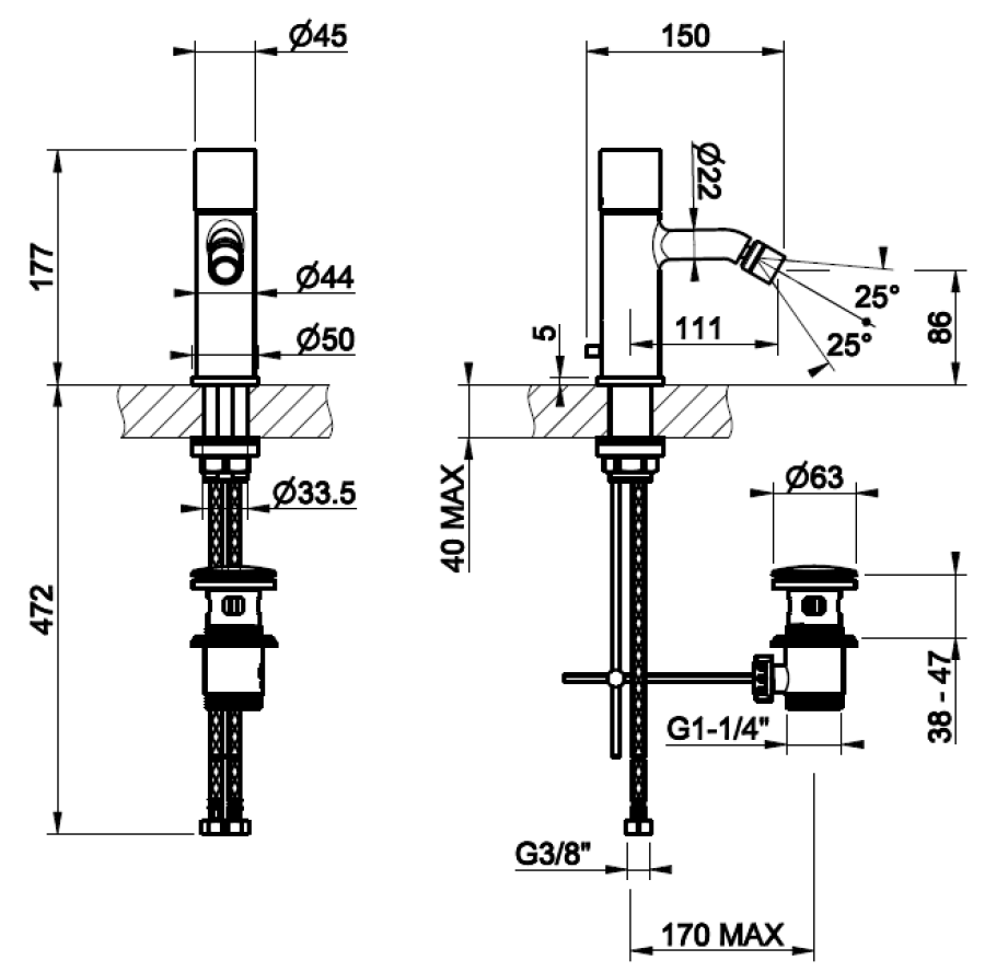 Смеситель для биде Gessi Habito Cesello, 45x150 мм, с донным клапаном, цвет Warm Bronze PVD - изображение 1