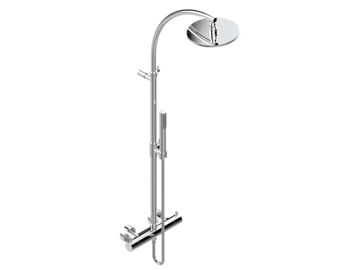 На изображении товар Смеситель THG О, термостатический, для душа, настенного монтажа, с душевой колонной, верхним душем Ø 200 мм, ручным душем и шлангом, цвет хром от официального представителя в Москве