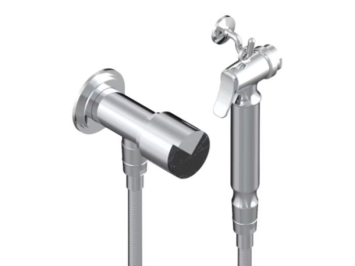 На изображении товар Гигиенический душ THG Le 9 Nero Marquina, лейка с клапаном, армированный шланг 1250 мм, крючок для лейки, цвет хром от официального представителя в Москве