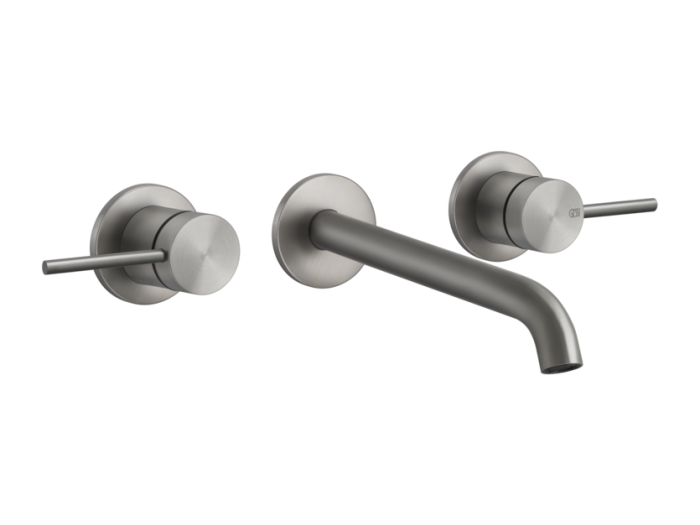 На изображении товар Смеситель для раковины Gessi 316, встраиваемый, с длинным изливом, настенный, цвет Steel Brushed от официального представителя в Москве