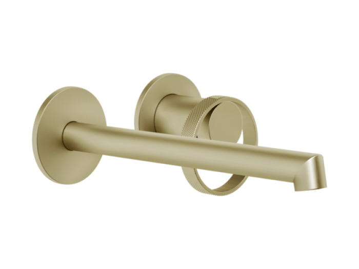 На изображении товар Смеситель для раковины Gessi Anello, настенный, длинный излив, встраиваемый, цвет Brass Brushed PVD от официального представителя в Москве