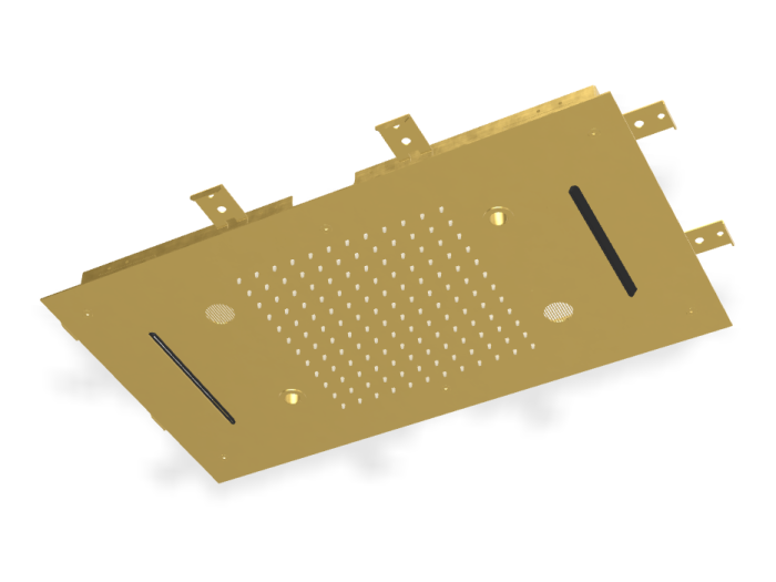 На изображении товар Верхний душ Carlo Frattini Harmonia, потолочный, с защитой от известкового налёта, с LED подсветкой для хромотерапии, пультом, аудио/bluetooth, 700x400 мм, цвет брашированное золото от официального представителя в Москве