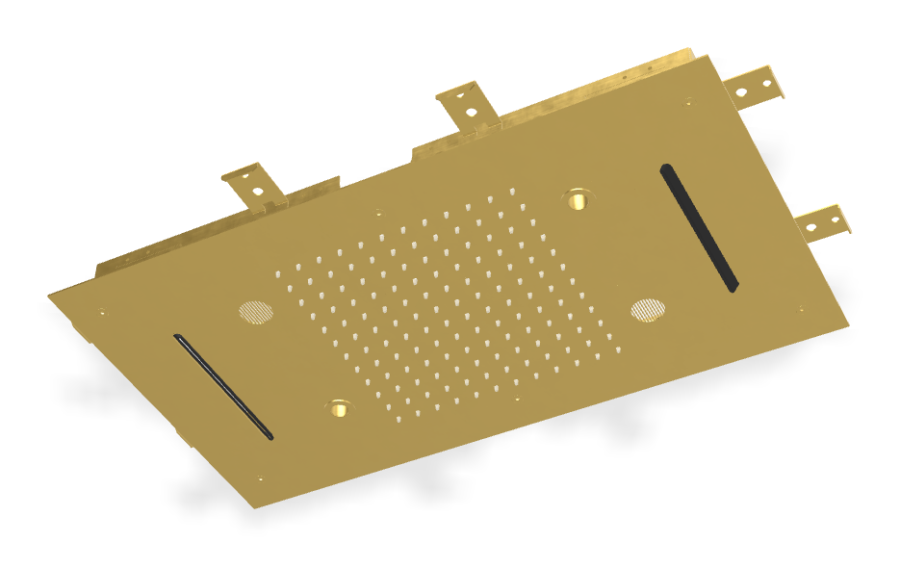 Верхний душ Carlo Frattini Harmonia, потолочный, с защитой от известкового налёта, с LED подсветкой для хромотерапии, пультом, аудио/bluetooth, 700x400 мм, цвет брашированное золото