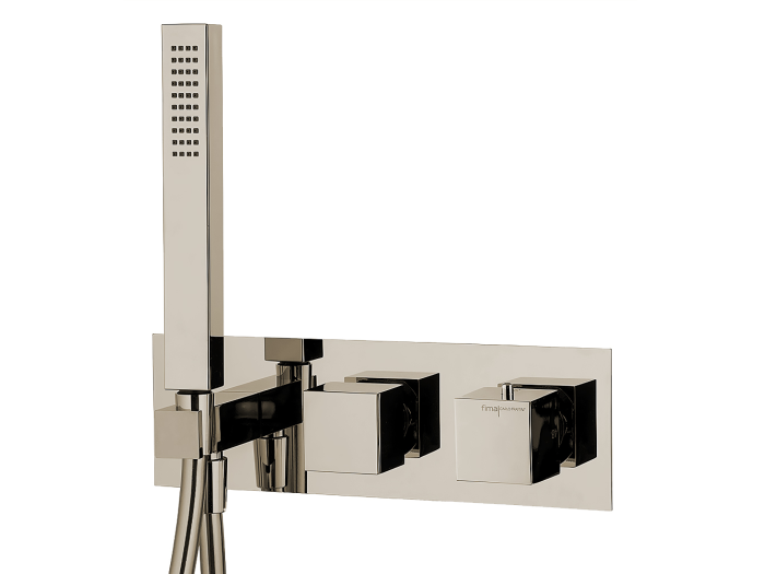 На изображении товар Термостат для душа  Carlo Frattini Fimatherm встраиваемый, на 2 потребителя, ручной душ, шланг 1500 мм, внешняя часть, цвет брашированный никель от официального представителя в Москве