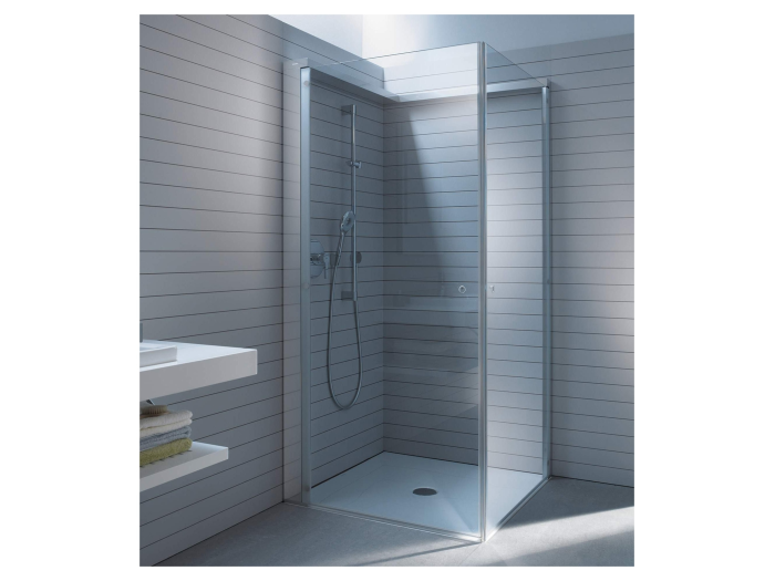 На изображении товар Перегородка для душа Duravit OpenSpace 885x885 мм, смеситель справа, прозрачное и зеркальное стекло, цвет хром от официального представителя в Москве