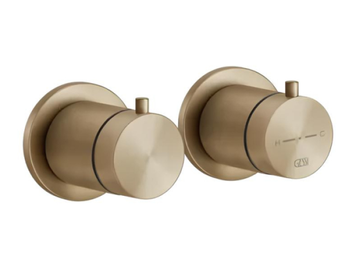 На изображении товар Термостат для душа Gessi316, встраиваемый, на 3 потребителя, внешняя часть, цвет Warm Bronze Brushed PVD от официального представителя в Москве