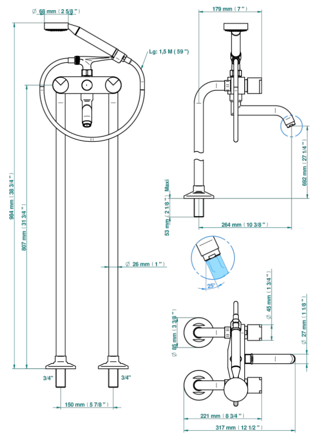 Смеситель THG Le 9 Nero Marquina, для ванны, напольный, двухрычажный, с ручным душем со шлангом, цвет хром - изображение 2