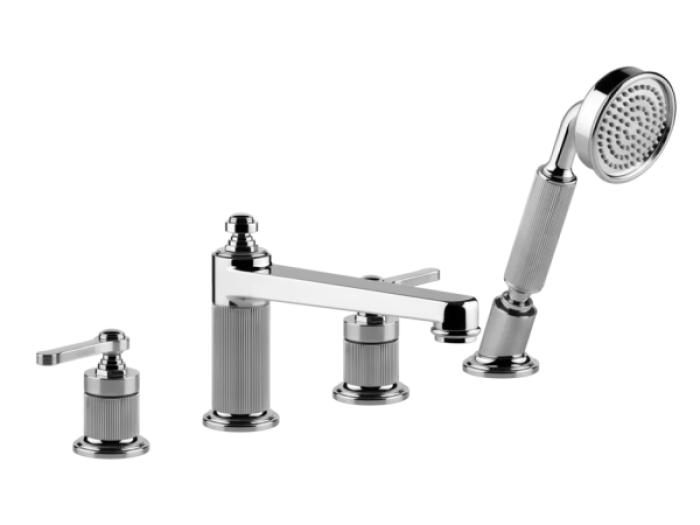 На изображении товар Смеситель для ванны Gessi Venti20, на 4 отверстия, с изливом, переключателем, шлангом и душевой лейкой, цвет Chrome от официального представителя в Москве