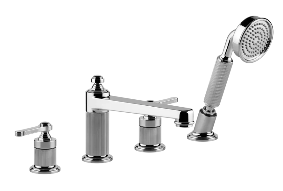 Смеситель для ванны Gessi Venti20, на 4 отверстия, с изливом, переключателем, шлангом и душевой лейкой, цвет Chrome