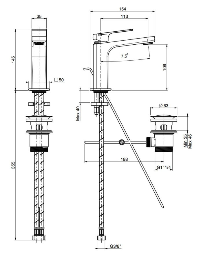 Смеситель для раковины Carlo Frattini Fit, c донным клапаном Click-Clack, 2 гибкими шлангами, Н-145 мм, цвет хром - изображение 3