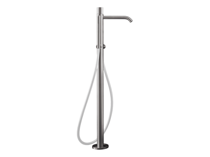 На изображении товар Смеситель для ванны CeaDesign Giotto Plus, напольный, H-870 мм, ручной душ Ø18 мм, шланг в цвете Silk Grey, внешняя часть, цвет сатинированная сталь от официального представителя в Москве